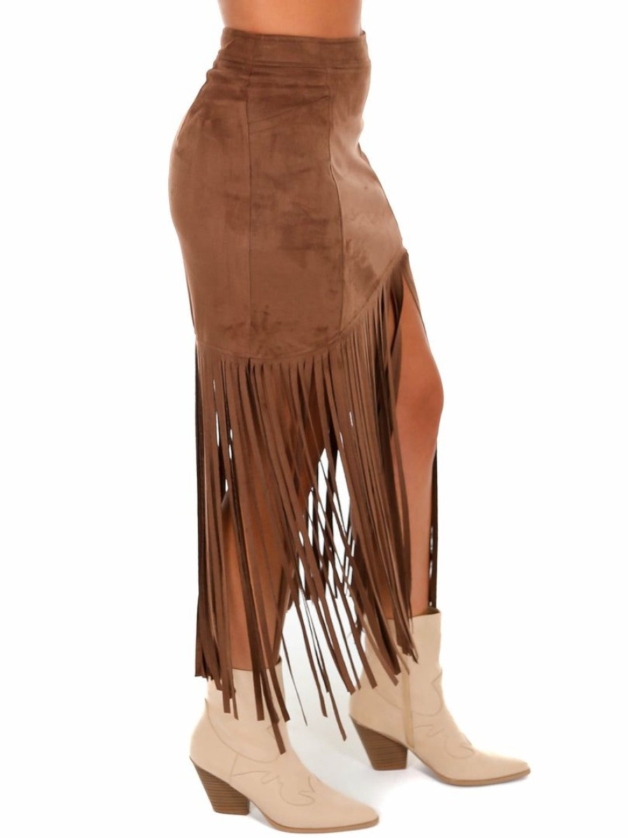 Clothing * | Brand New She + Sky Bottoms Compass Suede Fringe Skirt Brown