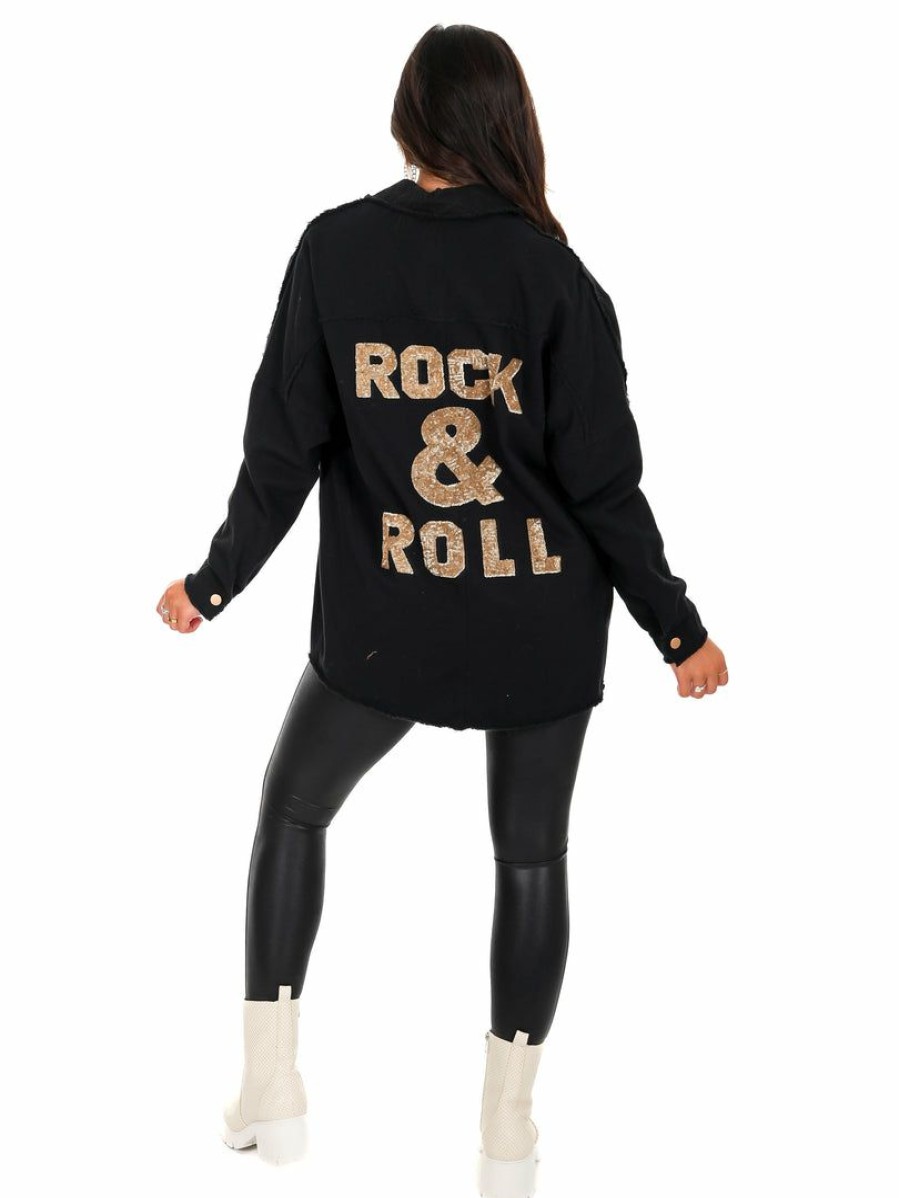 Clothing * | Flash Sale J.Nna Rock And Roll Patch Shacket Tops Black