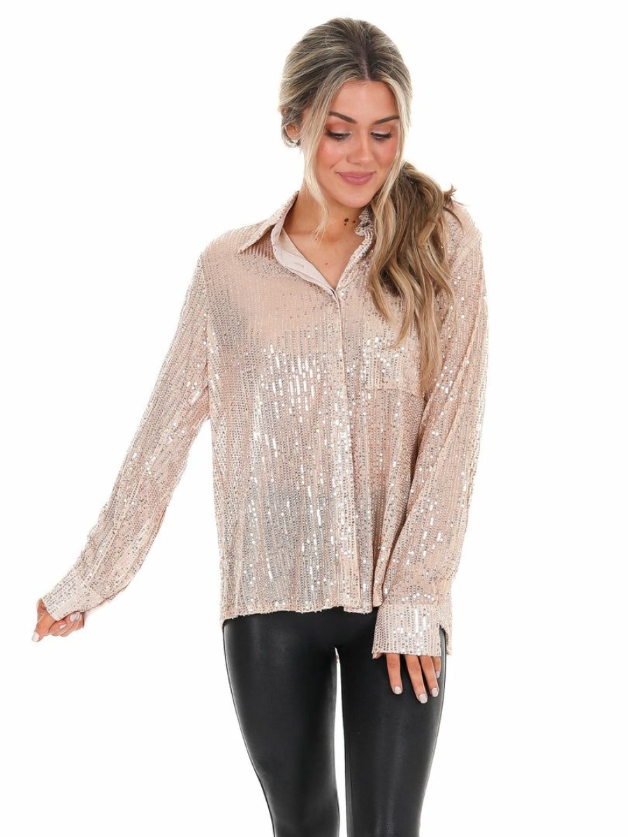 Clothing * | New She + Sky Tops Miss Independent Sequin Button Down Shirt