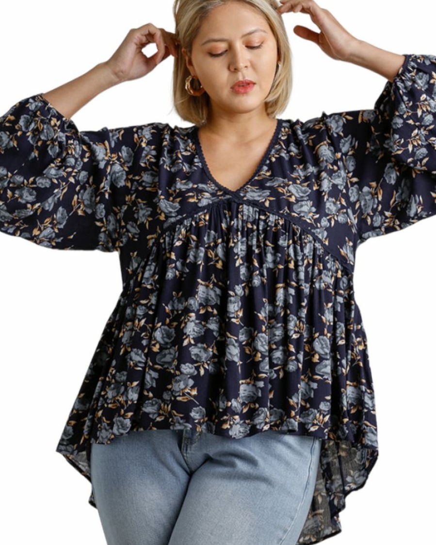 Curvy Girl * | New Apparel-Curvy Girl Curvy Think I Love You Floral Babydoll Top Navy