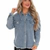 Clothing * | Hot Sale Veveret Tops Denim & Rhinestones Shacket Medium Denim