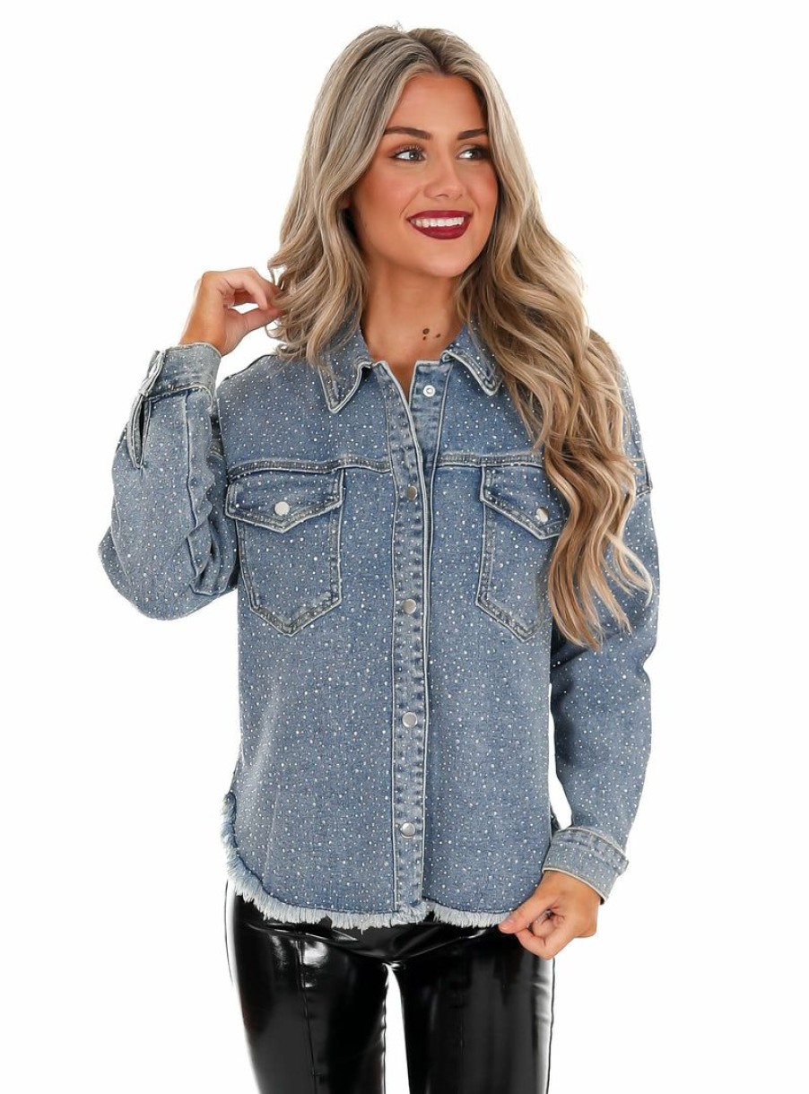 Clothing * | Hot Sale Veveret Tops Denim & Rhinestones Shacket Medium Denim