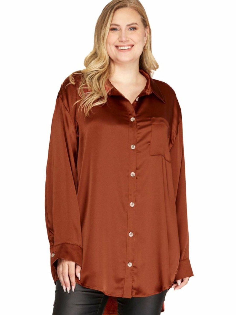 Curvy Girl * | Flash Sale Apparel-Curvy Girl Curvy Glad You Came Satin Button Down Top