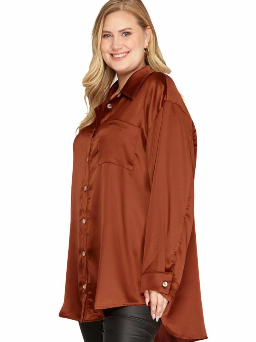 Curvy Girl * | Flash Sale Apparel-Curvy Girl Curvy Glad You Came Satin Button Down Top