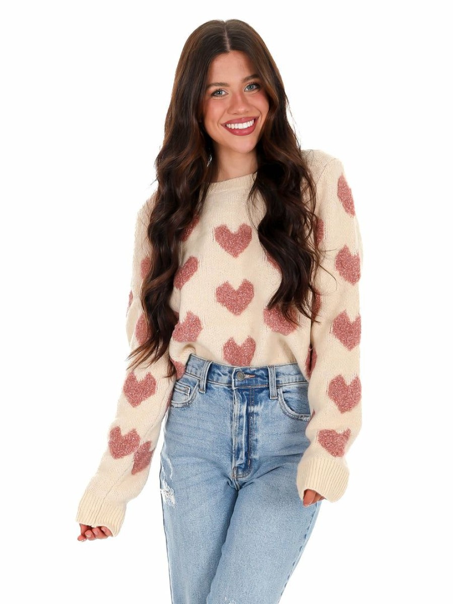 Clothing * | Discount En Merci I Heart You Fuzzy Sweater Tops Oatmeal