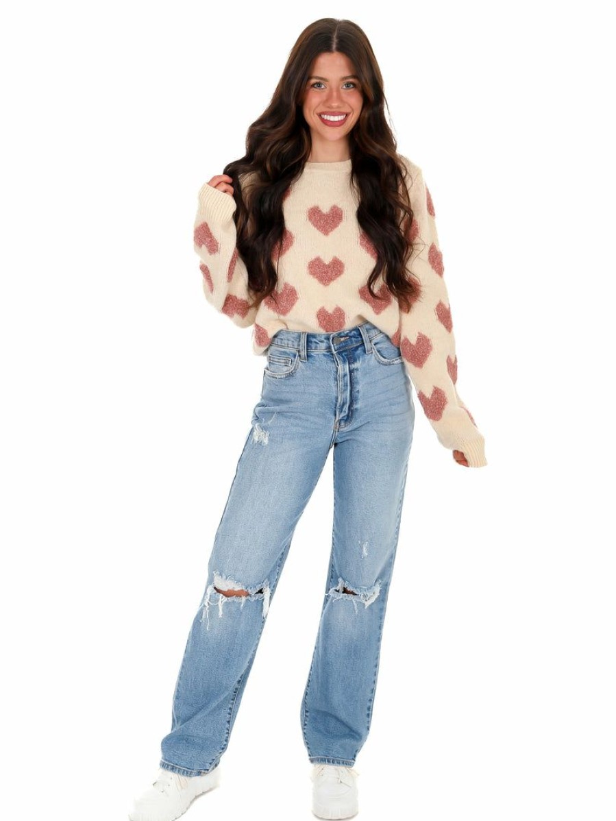 Clothing * | Discount En Merci I Heart You Fuzzy Sweater Tops Oatmeal