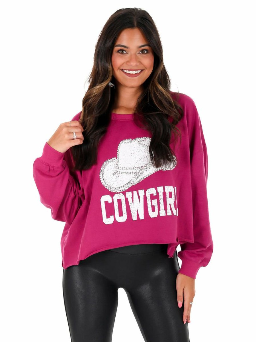 Clothing * | Flash Sale Peach Love California Rhinestone Cowgirl Sweatshirt Tops