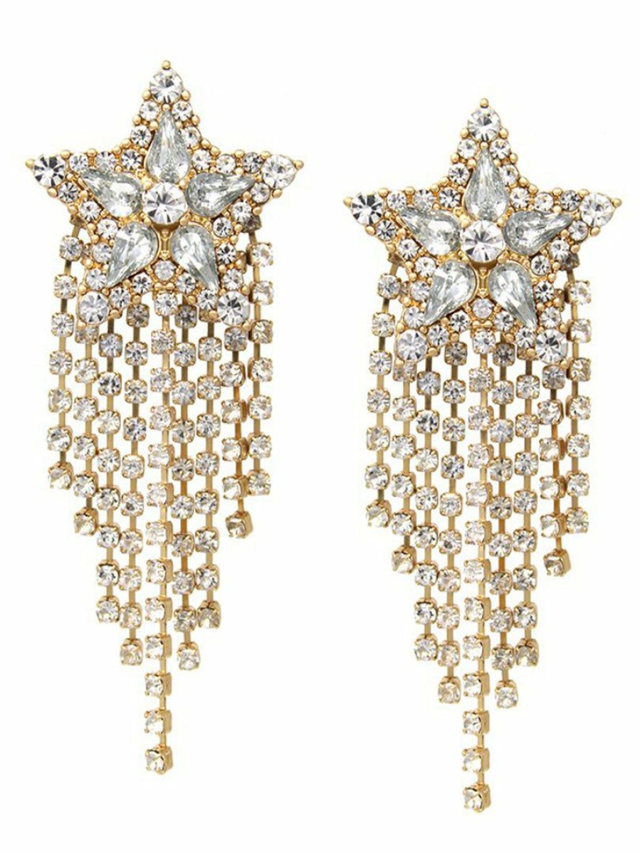 Gameday * | Deals Rough Sketch Rhinestone Pave Star With Fringe Drop Earrings