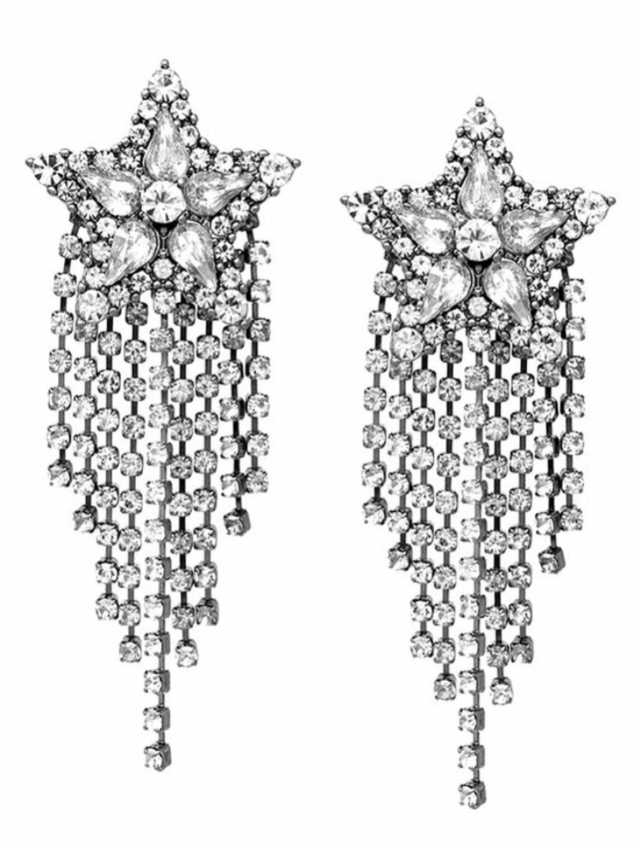 Gameday * | Deals Rough Sketch Rhinestone Pave Star With Fringe Drop Earrings