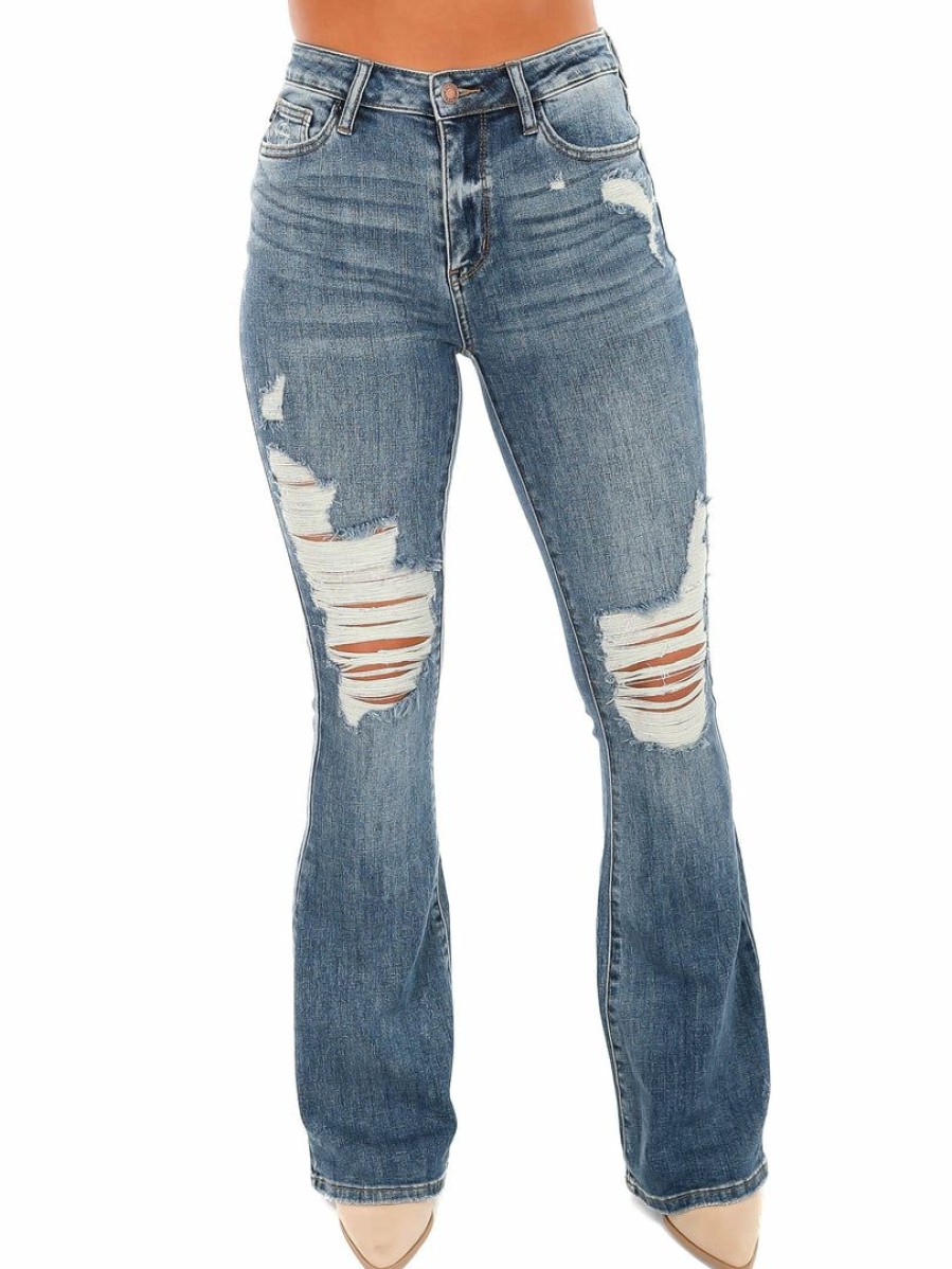 Clothing * | Cheap Judy Blue Knee Destroy Tall Flare Jeans Medium