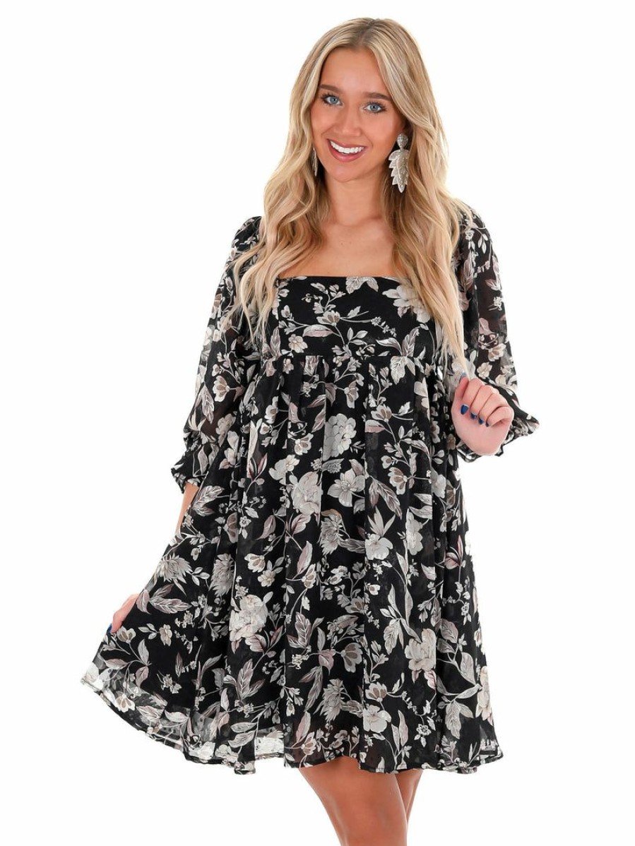 Clothing * | Discount Sweet Lemon Enchanted Floral Babydoll Dress Dresses Black