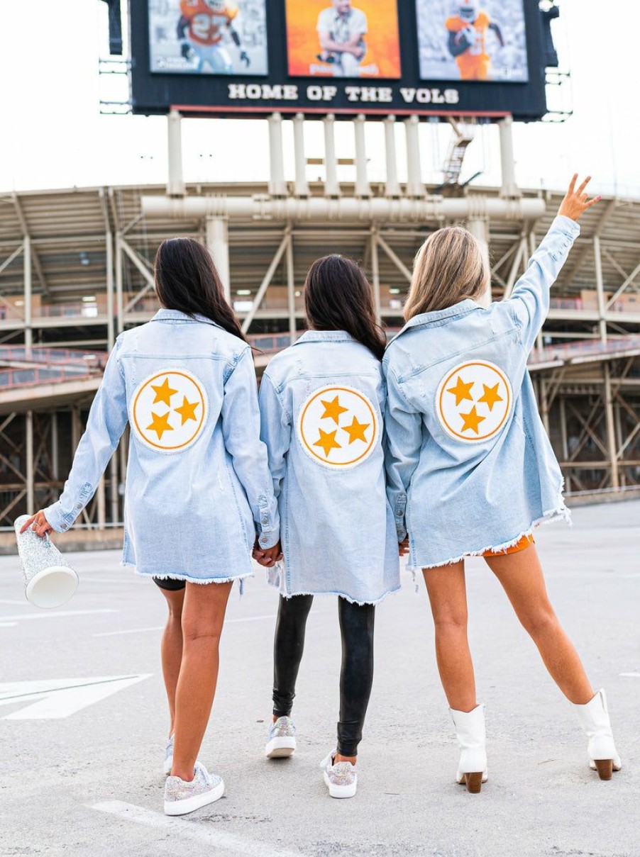 Gameday * | Wholesale Love Tree Chenille Tri-Star Denim Jacket Apparel Light Blue